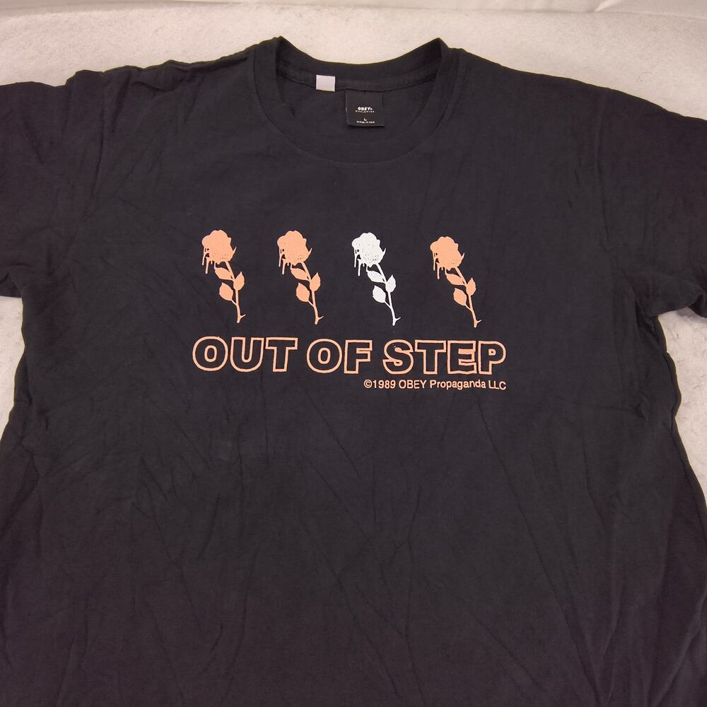 Obey Out of Step Graphic Crew Neck Short Sleeve Shirt Womens Size Large L Black